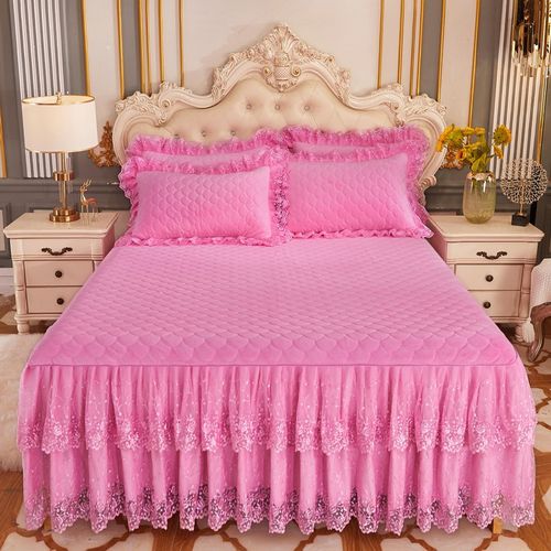 秋冬水晶绒夹棉保暖床裙单件短毛绒双人加厚床罩席梦思防滑保护套