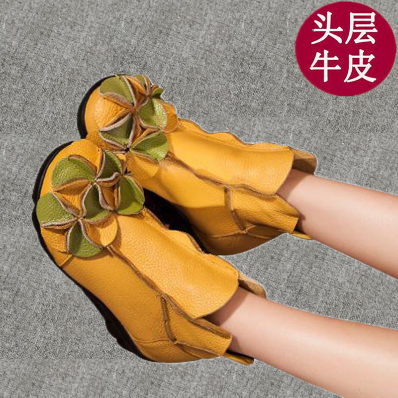 真皮妈妈短靴民族风女鞋软底复古平底老妈棉鞋加绒马丁靴冬款大尺