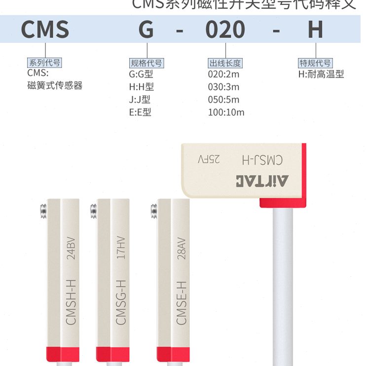 亚德客CMS耐高温125℃感应线磁性开关CMSG/CMSH/CMSE/CMSJ-020H