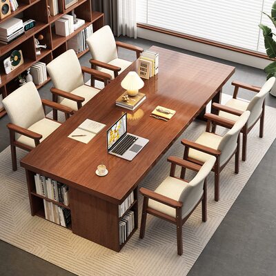 实木大板桌子家用餐桌一体办公学习桌客厅大长书桌书柜组合工作台