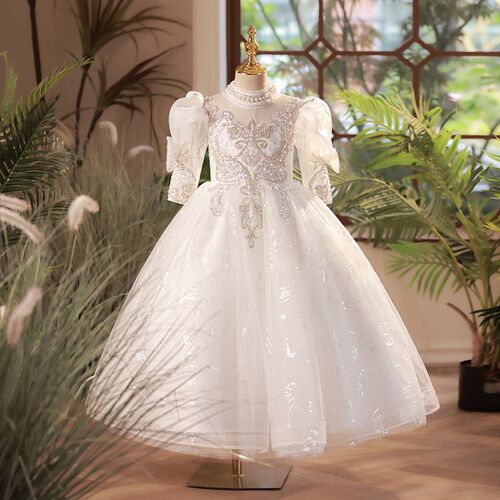 女童礼服2024新款白色花童婚礼生日蓬蓬公主裙儿童年会主持演出服