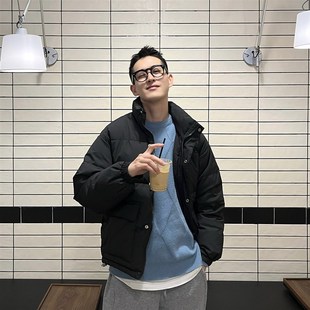 王几又 经典黑色大口袋按扣羽绒服男半立领休闲加厚保暖外套冬季