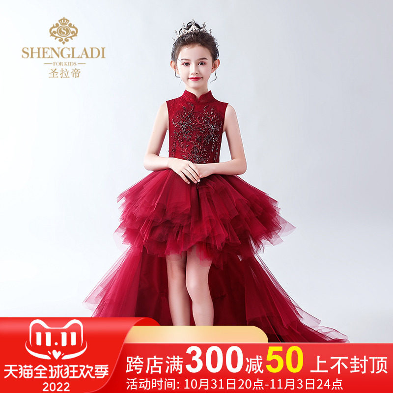 儿童拖尾礼服公主裙蓬蓬纱女童模特走秀晚礼服红色中式钢琴表演服