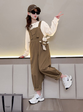 女童背带裤套装秋装2023新款儿童洋气秋季休闲两件套大童秋天衣服