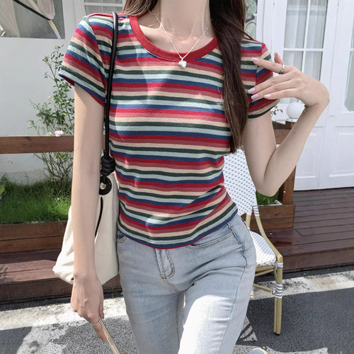 爆款彩虹条纹正肩短袖T恤女夏季新款撞色圆领小个子百搭bm风上衣