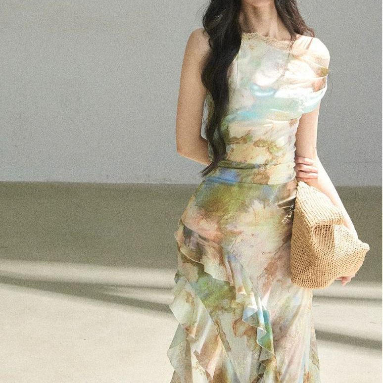少也眼"雏菊和虞美人"法式露肩油画连衣裙女夏蕾丝包臀长裙