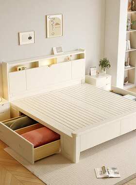 北欧白色实木床现代简约1.8双人主卧大床1.5单人床储物婚床奶油风