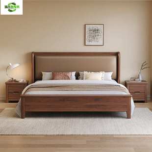 新中式金丝胡桃木实木床主卧大床双人1.8x2米现代简约1.5米软靠婚