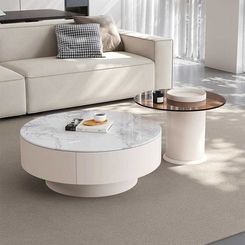 家用客厅奶油微晶石圆形茶几意式现代简约小户型感风组合