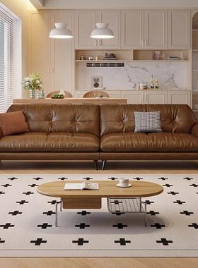 意式极简油蜡皮沙发棕色复古风客厅直排沙发美式小户型三人位沙发