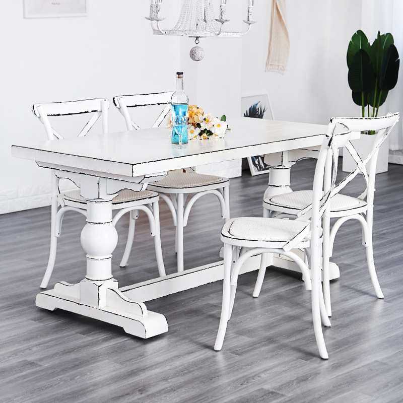 美式乡村复古纯实木桌子家用客厅小户型长方形餐桌白色椅子吃饭桌