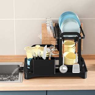 跨境黑色扁铁双层碗碟架免打孔桌面两层餐具沥水架厨房挂件置物架