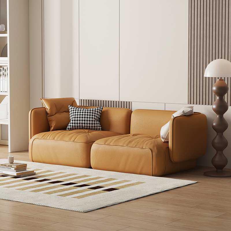 三人位奶油风网红皮艺沙发直排豆腐块吐司沙发客厅现代轻奢小户型