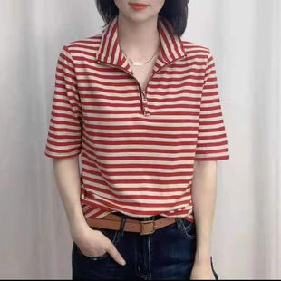 夏季中袖条纹T恤女2025年新款网红爆款韩版立领洋气减龄大码上衣t