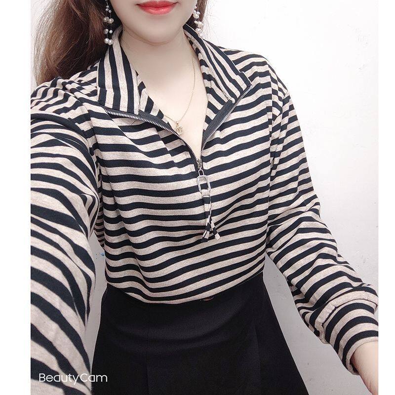 条纹立领卫衣女2023春秋新款网红打底衫长袖t桖宽松显瘦百搭上衣