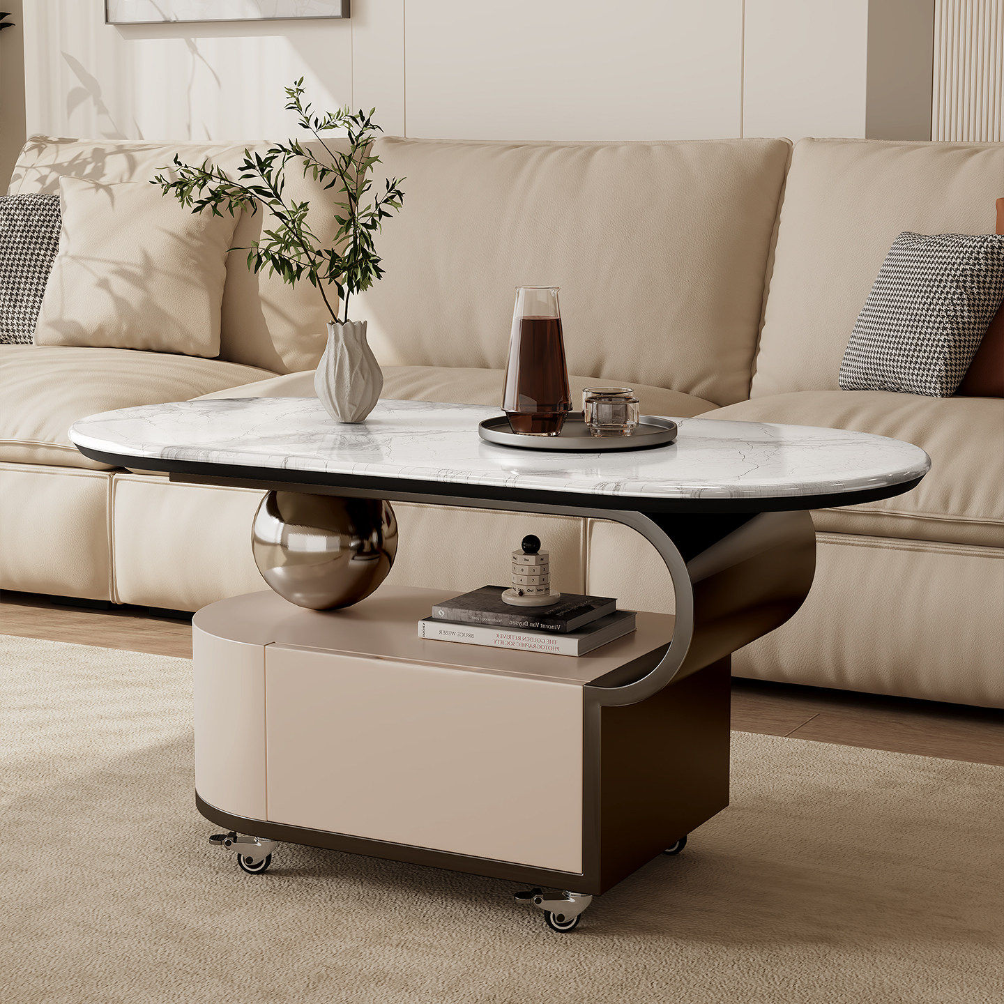 现代简约椭圆形移动边几带轮储物茶几小推车客厅超晶石推车茶几,住宅家具,移动边几/推车,淘宝优惠券,粉丝福利购,淘宝优惠卷