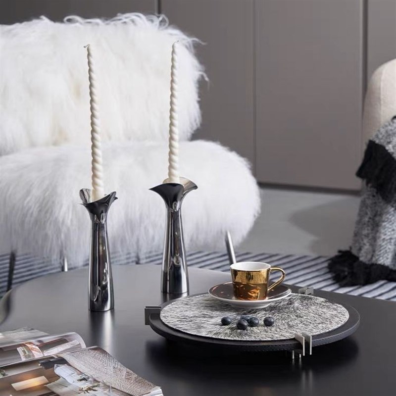 现代简约胡桃木皮革马毛圆形托盘置物创意摆Q件桌面装饰品样板间