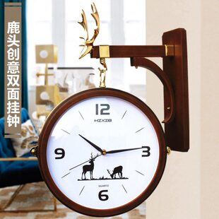 大气装饰创意石英钟表鹿头双面挂钟家用大号客厅挂表静音时钟欧式