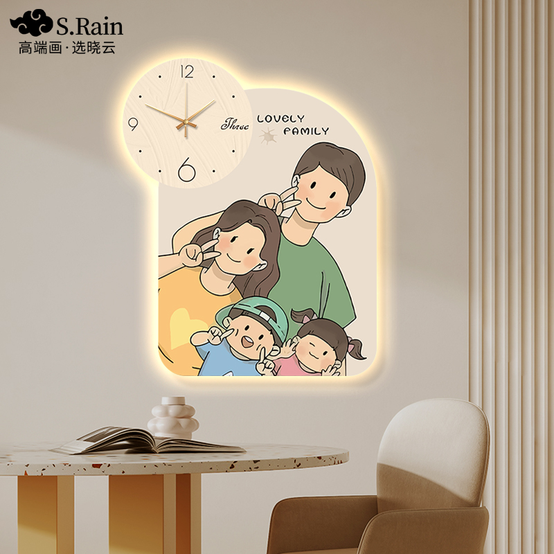 一家四口温馨餐厅卡o通人物钟表装饰画家用时尚创意时钟挂墙壁灯