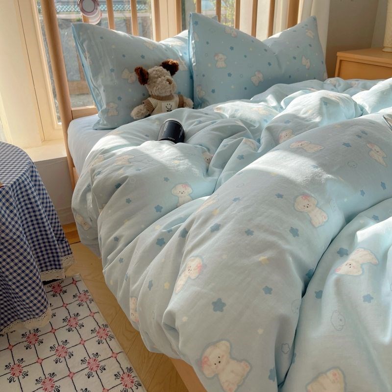 A类60S新疆长绒棉全棉双层纱四件套可爱床单三件P套100棉被套4件