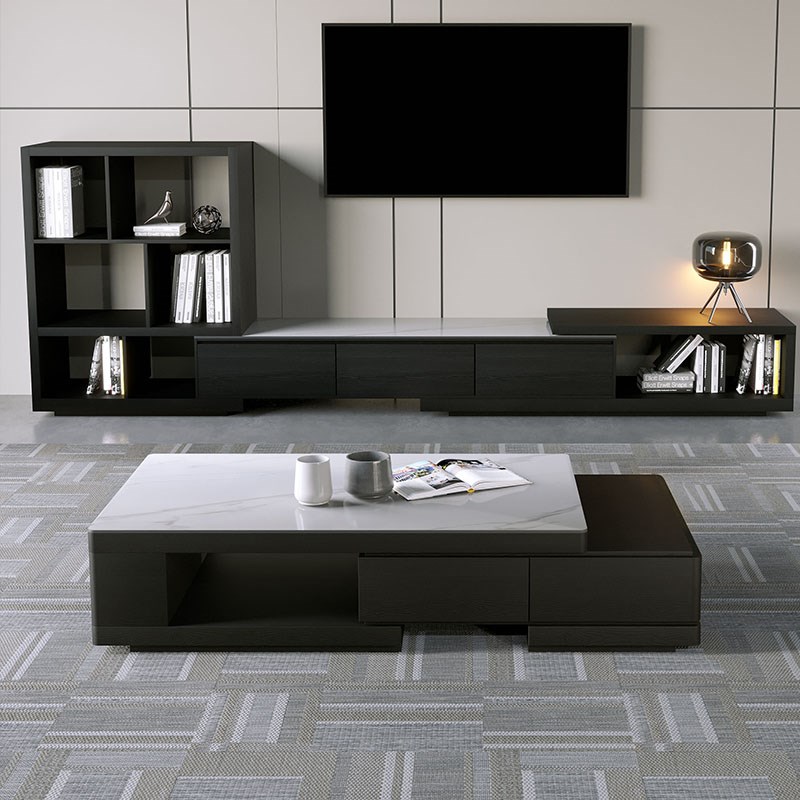 意式实木岩板茶几电视柜组合现代简约客厅大小Q户型家用伸缩茶几