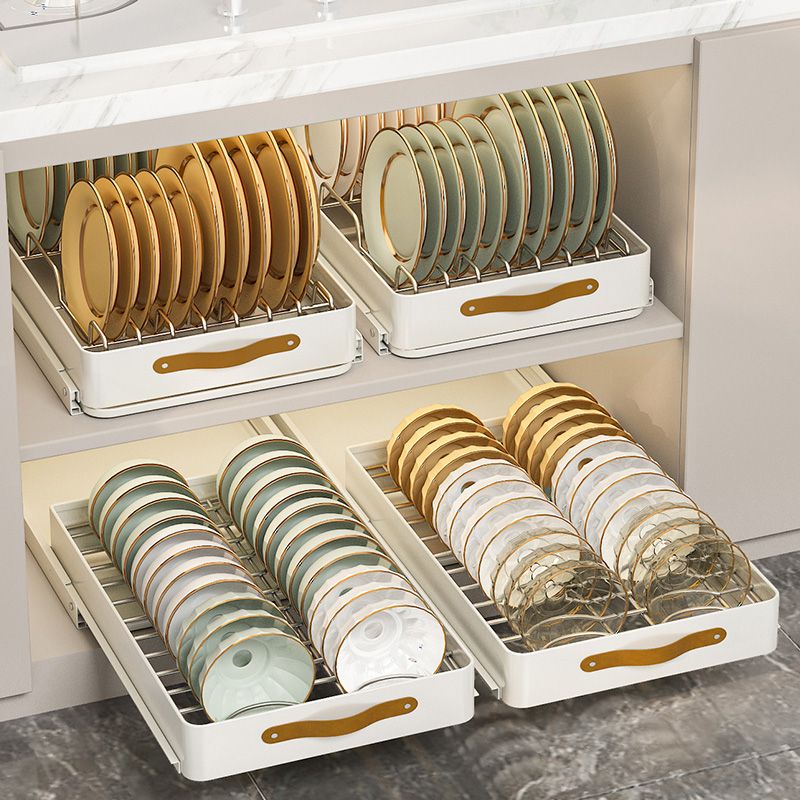不锈钢碗碟收纳架厨房橱柜内置物架抽屉式拉篮抽拉碗柜Z沥水碗盘