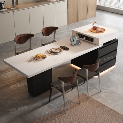 2025新款意式极简岩板厨v房岛台餐桌一体家用可伸缩茶桌高级感倒