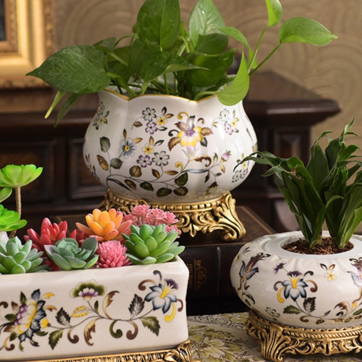 欧式花盆陶瓷花钵客厅复古高档家用室内多肉长方盆钵绿萝水培花盆