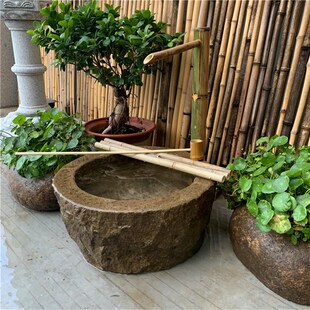 日式 庭院流水景观石钵竹子摆件鹅卵石盆水 槽水钵小景石槽室外装