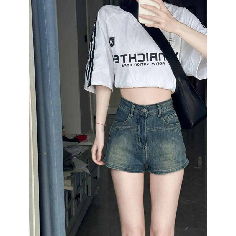 美式复古高腰牛仔短裤女夏季2024新款小个子辣妹弹力显瘦a字热裤