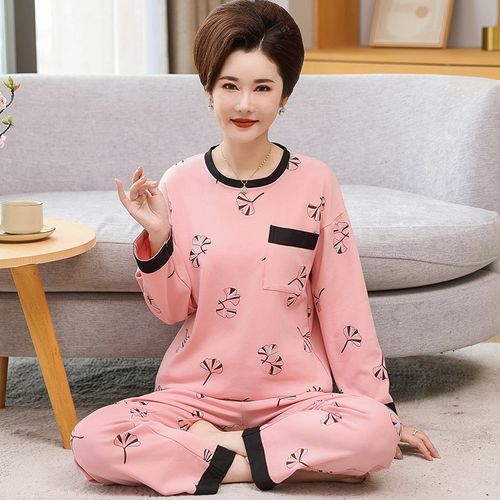 中年人女士睡衣春秋季纯棉长袖薄款套头妈妈家居服秋冬款宽松大码