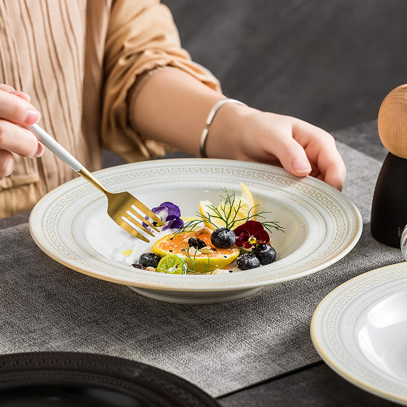 瓷峒新款陶瓷浮雕深浅盘酒店碗碟餐具套装餐厅西餐盘高端沙拉盘,餐饮具,盘,淘宝优惠券,粉丝福利购,淘宝优惠卷