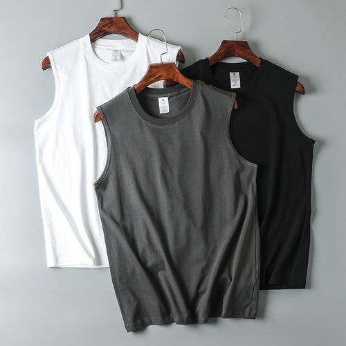高克重   夏季男士水洗纯棉宽松亲肤跑步运动休闲纯色背心坎肩T男