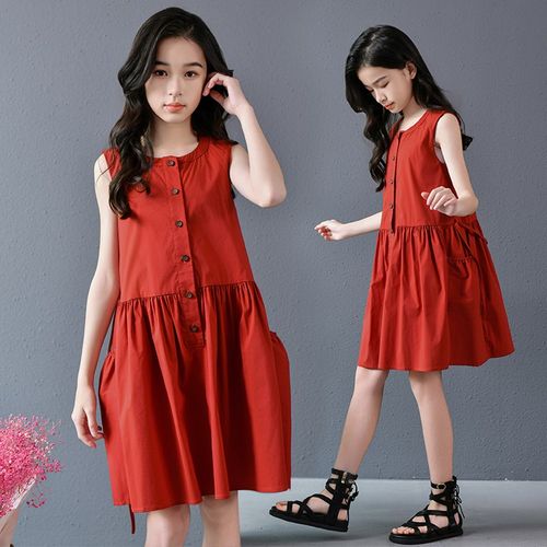 女童红色裙子夏季背心裙复古风娃娃裙大童女孩无袖宽松a字连衣裙