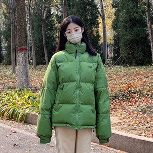 绿色短款立领羽绒棉衣棉服女冬加厚2024年新款韩版宽松情侣面包服