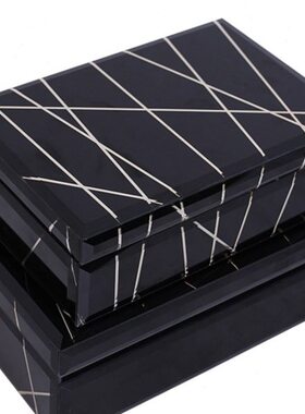 现代轻奢黑色金线条纹方形翻盖玻璃首饰盒饰品盒家居卧室收纳摆件