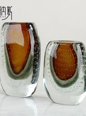 现代简约水晶厚实玻璃花瓶黄色样板间软装饰品摆件客餐厅酒柜桌面