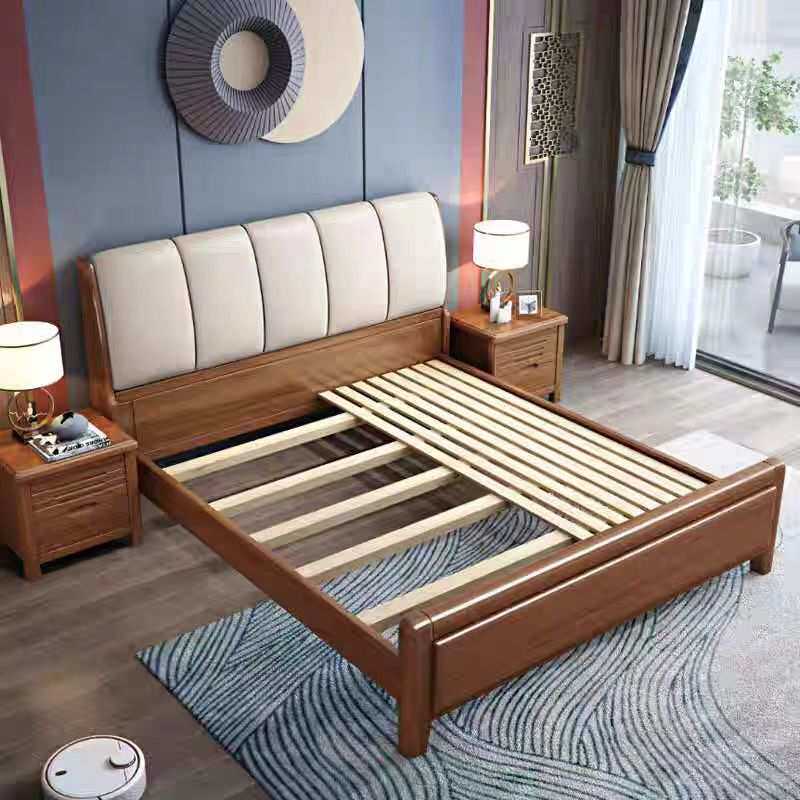 现代简约实木床胡桃色小户型实木软靠大床1.8m带储物双人主卧大床