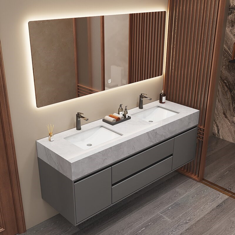 双盆大理石挂f墙式浴室柜组合洗手盆公共卫生间洗脸洗漱台厕所池