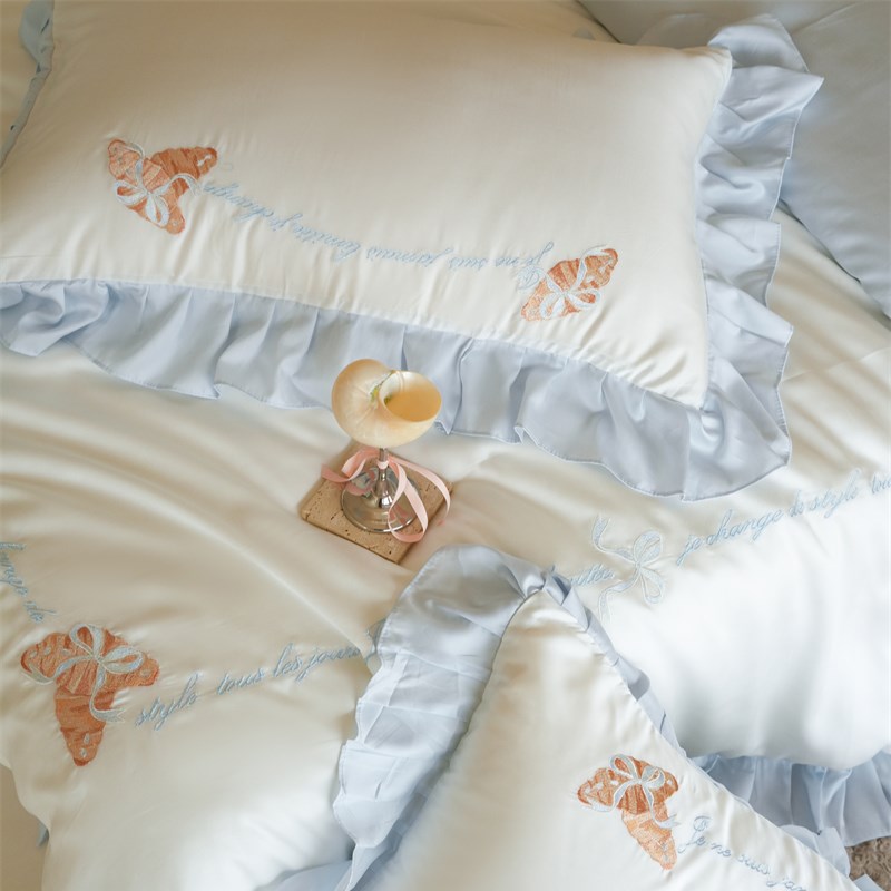 60s天丝刺绣牛角包蓝凉感丝滑莱赛尔纤F维四件套1.5m1.8米床单被