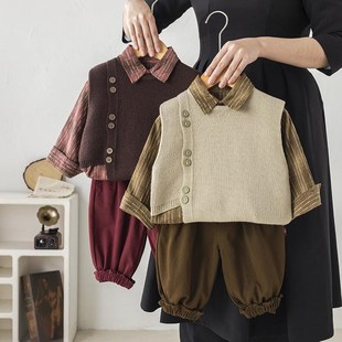 男童洋气三件套2025新款森系春装宝宝直条衬衫毛衣马甲休闲套装潮