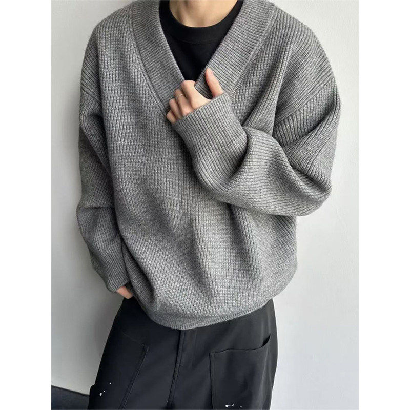 美式复古灰色v领毛衣男款
