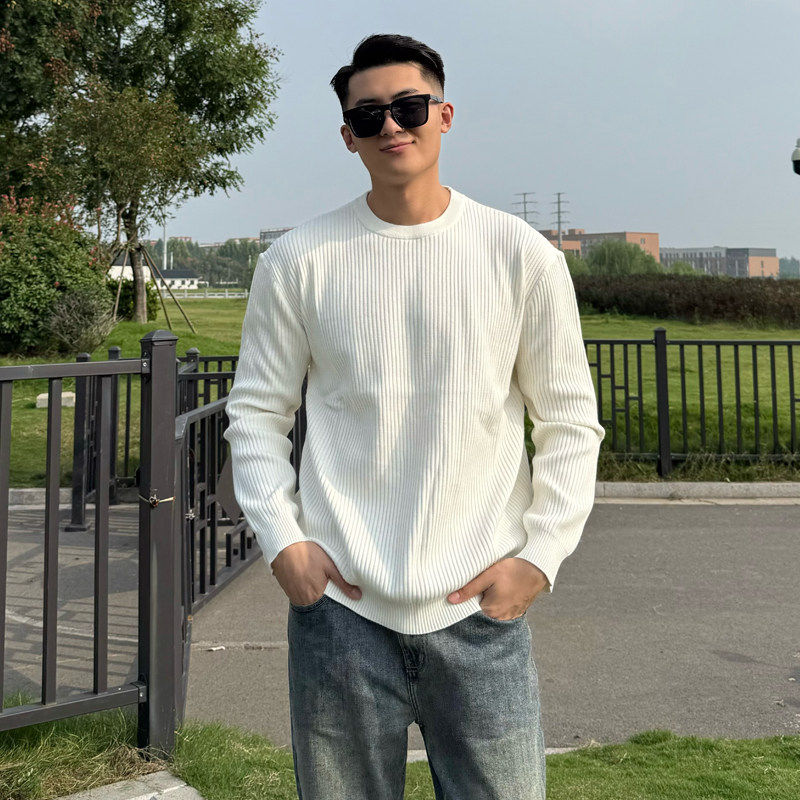 美式休闲坑条圆领针织衫
