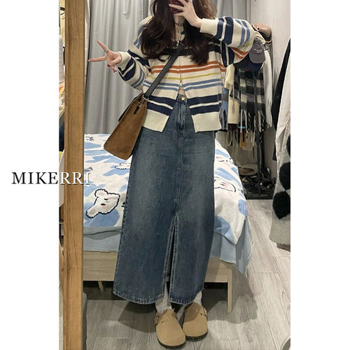 复古蓝开叉牛仔半身裙女