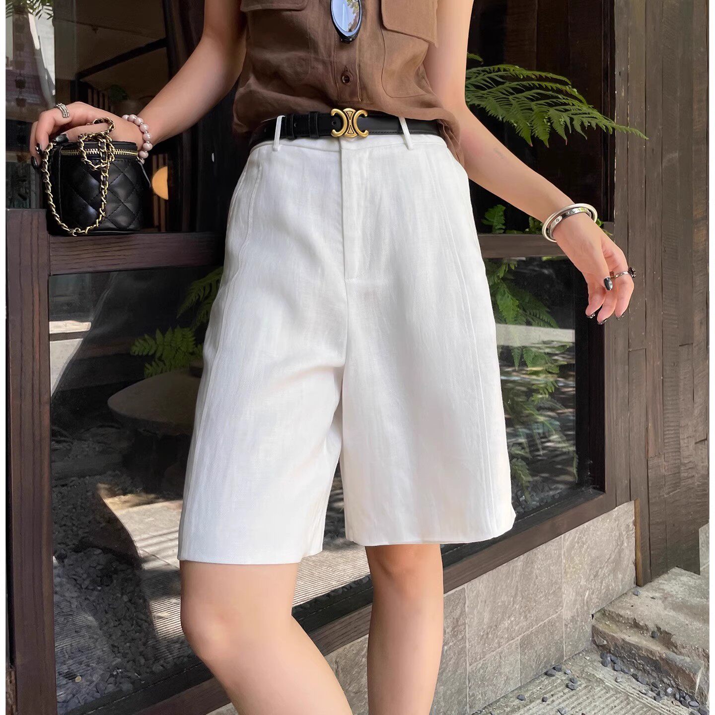 白色天丝亚麻休闲短裤女