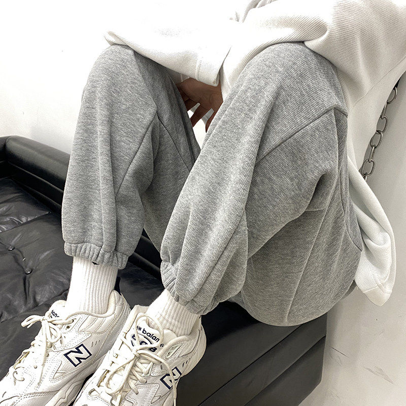 灰色运动裤女春季新款宽松束脚显瘦哈伦裤小个子直筒加绒加厚卫裤