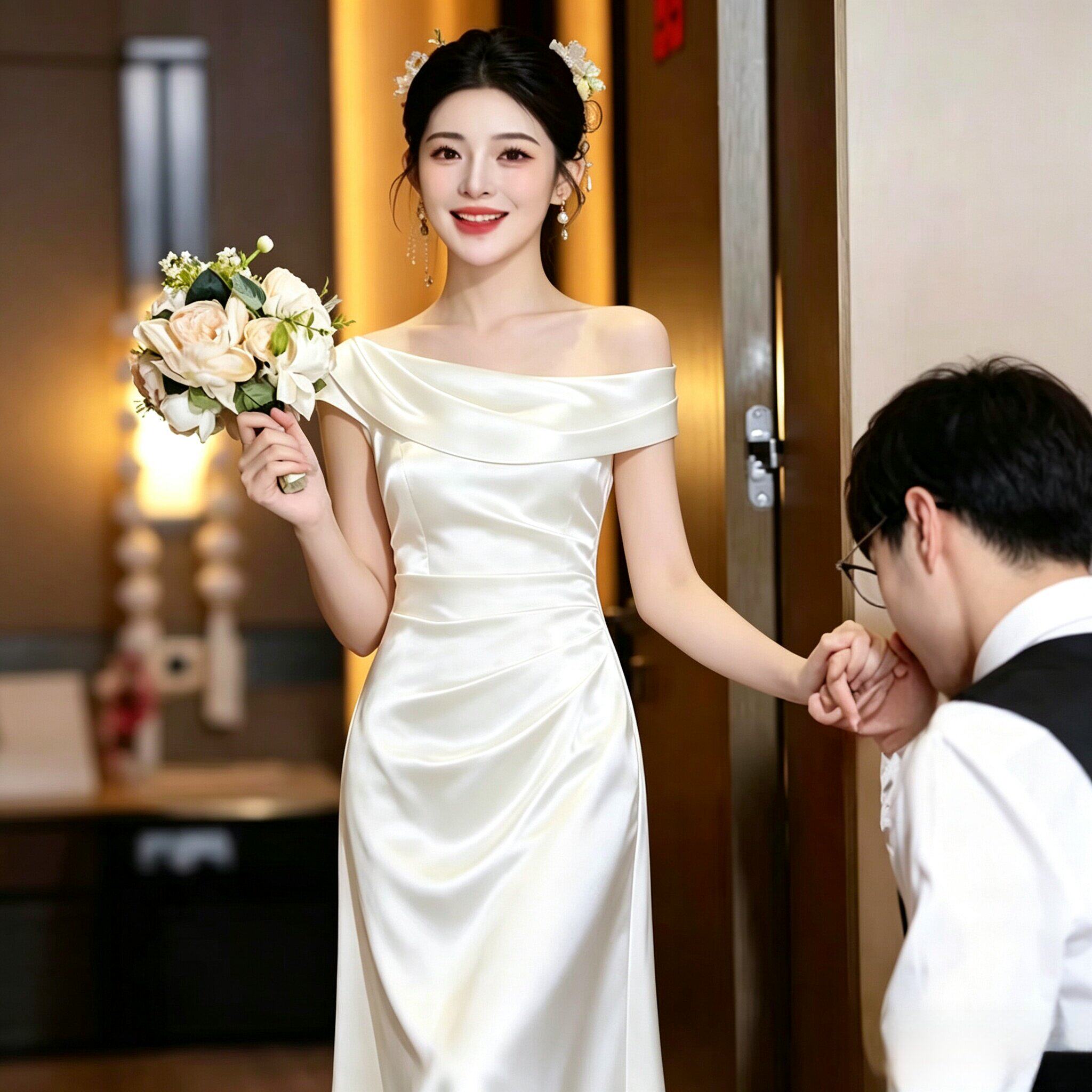 白色缎面订婚礼服洋装法