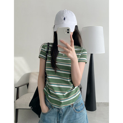 sun柚绿色条纹短袖百搭T