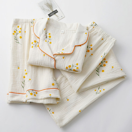 印花三件套睡衣女士水洗纯棉纱夏季短袖长短裤家居睡眠服套装薄款