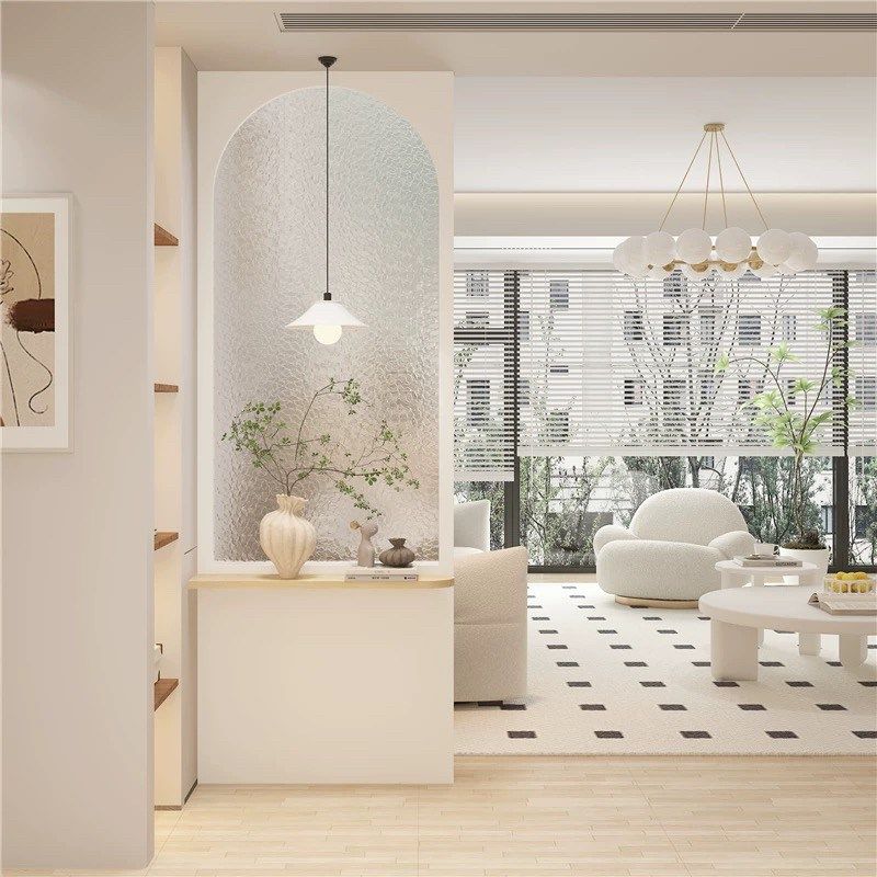 法式奶油风客厅入户玄关隔断卧室洗手台浴室柜轻奢水波纹玻璃屏风